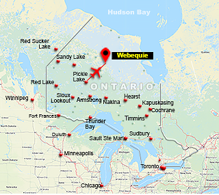 Map showing charter flight route from Pickle Lake To Webequie, Ontario